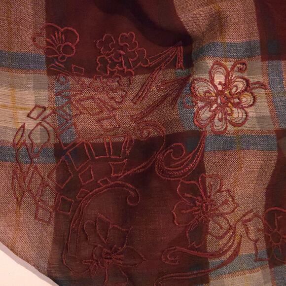 Desigual Empire-Waist Burgundy Plaid Embroidered Fringe Peasant Top Tunic -Sz L - Picture 7 of 15